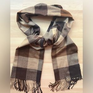 Scarf plaid / Colors Brown, Gray & Tan/ Women’s or Men’s Scarf / 13”W X 72”L /